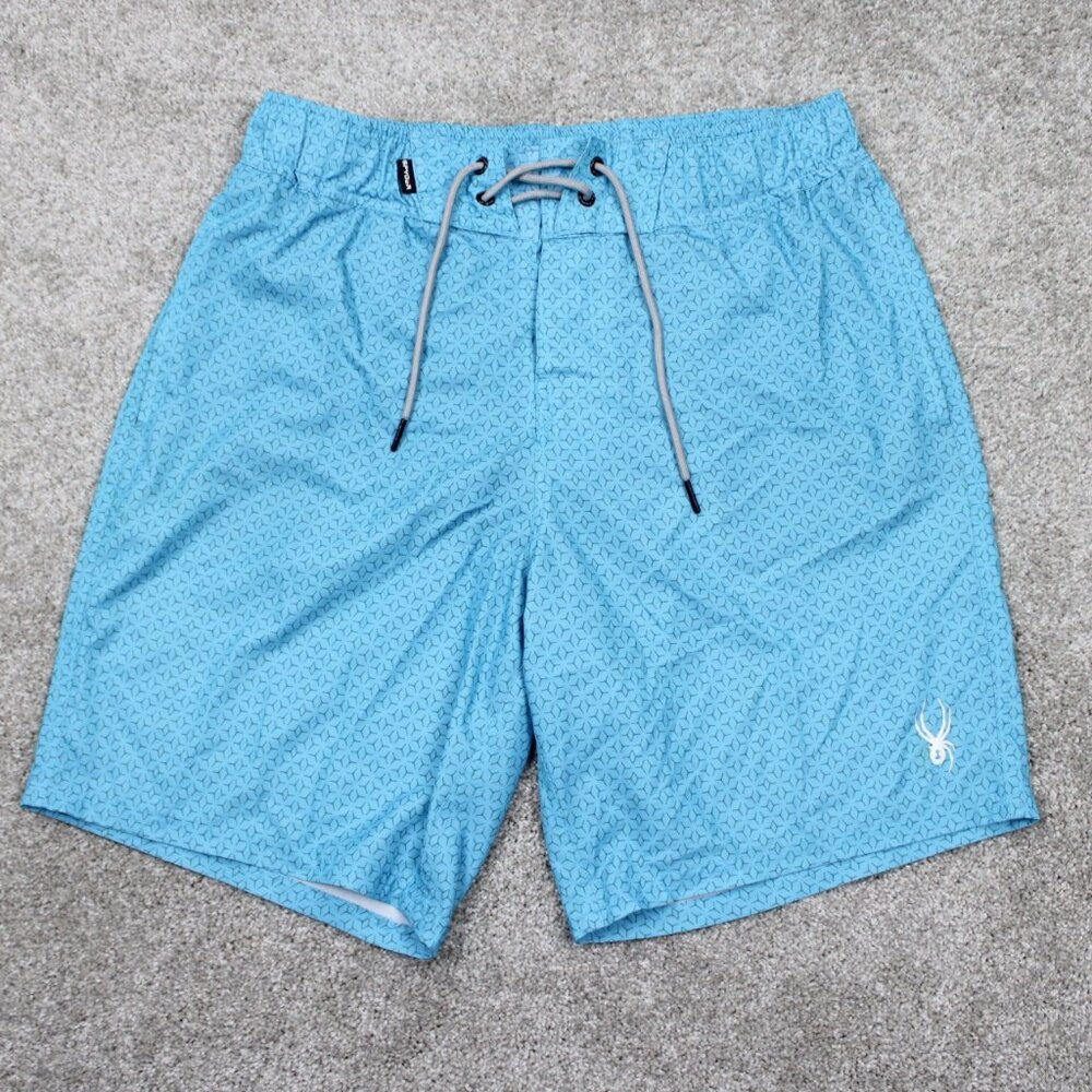 Spyder‎ Swim Trunks Men Large Blue Geometric Quick Dry Board Shorts w/ 9" inseam